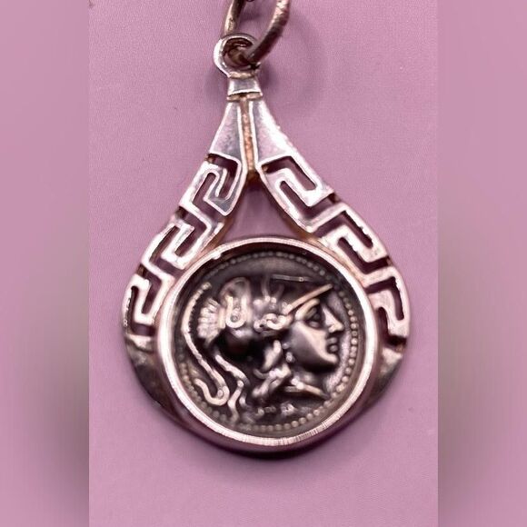 Sterling Silver 925 Greek Key Athena Coin Pendant Necklace Teardrop Alexander - Picture 1 of 5